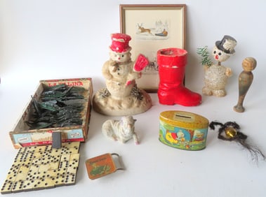 Grouping of vintage toys and holiday collectibles including Frosty The Snowman candy container with