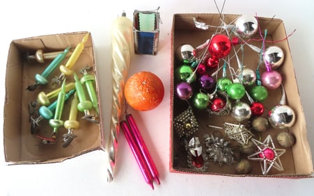 Large grouping of glass Christmas ornaments, many German, including figural fruit, 9 birds including