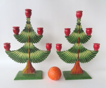 A pair of Swedish Christmas tree candelabras, all hand painted in original paint, circa 1970. Both