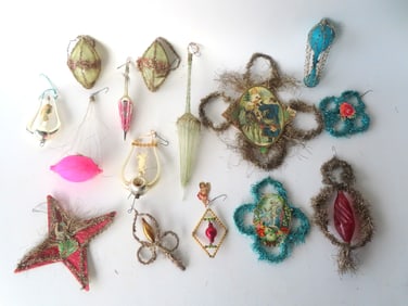 Grouping of 15 vintage Christmas ornaments, most hand made and likely German, early to mid 20th