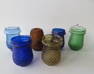 Grouping of 6 glass Fairy lamps including one with original candle marked "Burglar's Horror" and