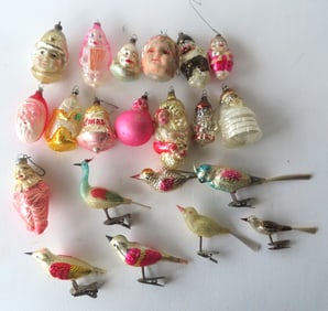 Grouping of 21 figural glass Christmas ornaments, most German, circa 1900-50. Including clown marked