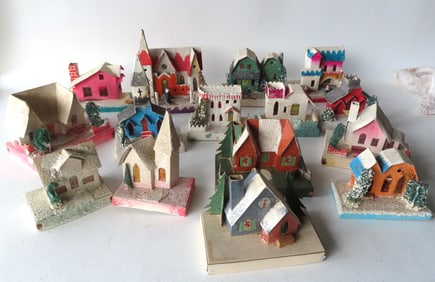 Grouping of 15 miniature Christmas village cardboard houses, most marked Japan but 4 marked Made in