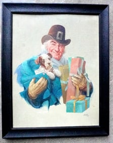 Alfred Conyers, USA - 19th/20th C. Illustration O/B Portrait of man holding Christmas presents.