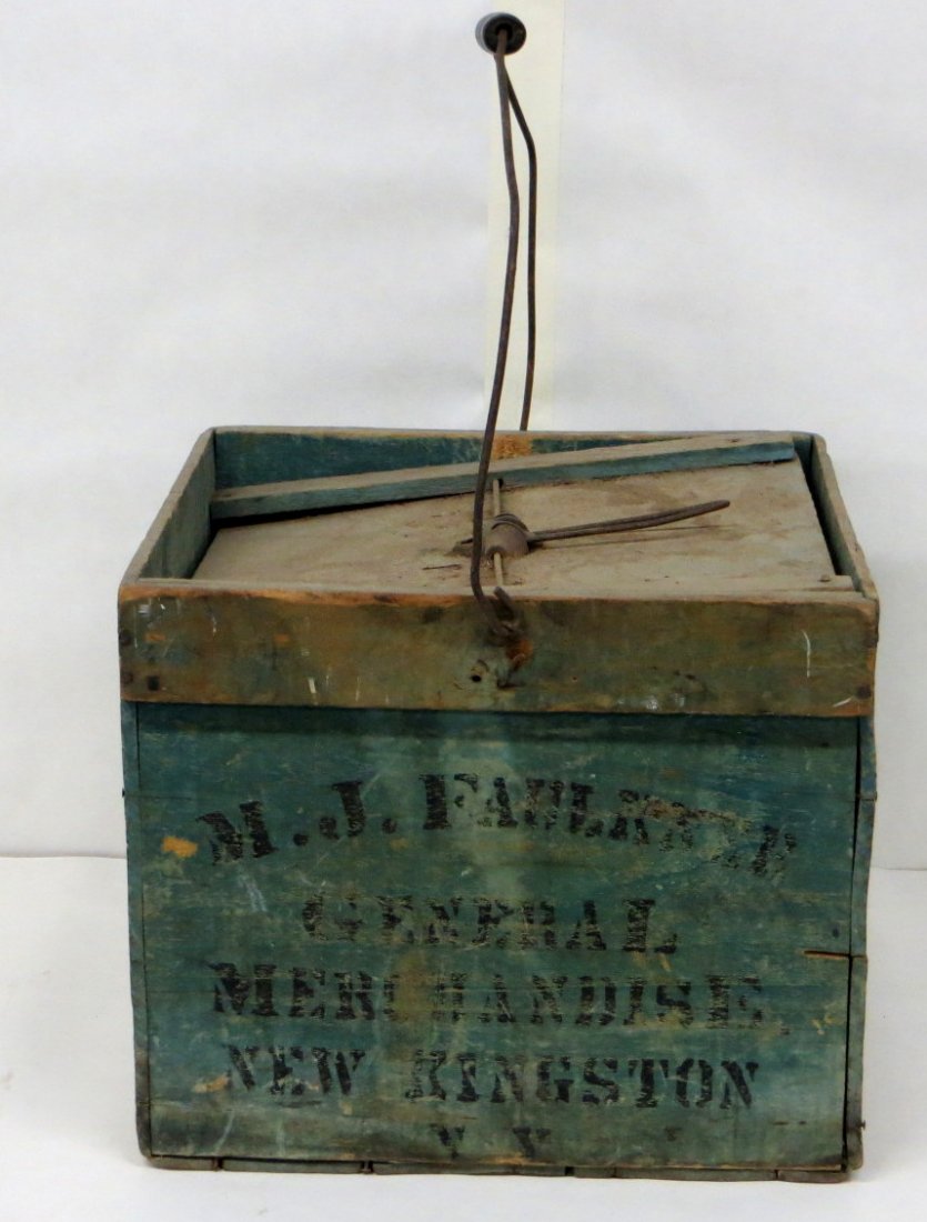 Wooden egg basket with original stenciling and blue pai: Wooden egg basket with original stenciling and blue paint signed "MR.. Faulkner General Merchandise - New Kingston NY" - late 19th century. Also includes 3 small boxes of Barr's Celery Medicine.