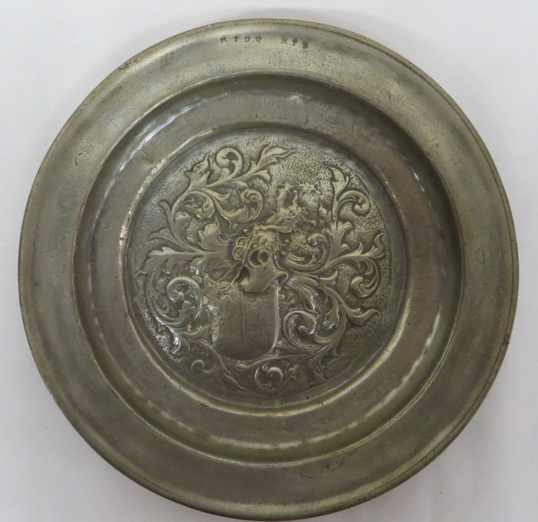 Pewter charger - English 18th century signed MTDW.: Pewter charger - English 18th century signed MTDW. 1.25"H x 11.75"D.