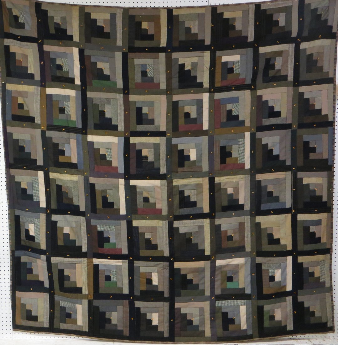 Log cabin tied quilt - 19th century - wool - 6' 7" x 6': Log cabin tied quilt - 19th century - wool - 6' 7" x 6' 8".
