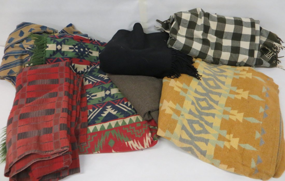 Six various blankets and table cloths.: Six various blankets and table cloths.