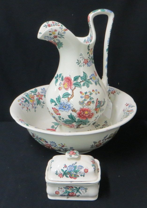 Copeland spode 3 piece bowl & pitcher set decorated wit: Copeland spode 3 piece bowl & pitcher set decorated with colorful flowers. Provenance: From a large Beekman NY estate, name withheld by family.