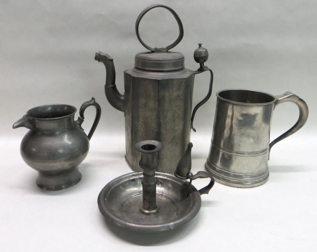 Four early 19th century pewter items including signed J: Four early 19th century pewter items including signed James Yates tankard 6"H, a 5"H footed pitcher, a chamber stick with hallmarks (includes snuffer) and a teapot with animal head spout and handled l