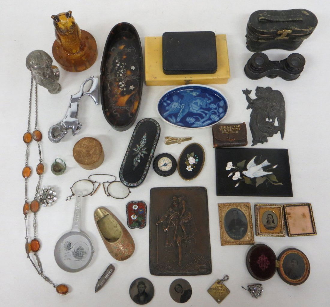 Large lot of small collectibles including: Several smal: Large lot of small collectibles including: Several small dresser trays, pair of opera glasses, lady's beaded necklace, 2 automobile hood ornaments, primitive miniature single finger wooden pill box, 2