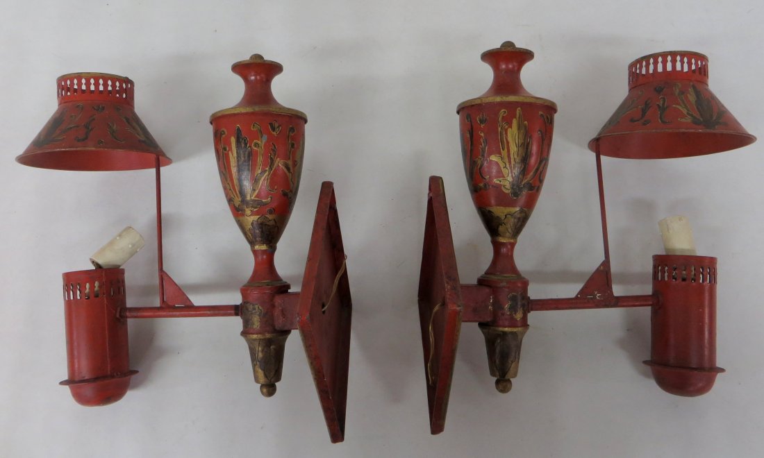 Pair of stenciled and hand painted toleware electric wa: Pair of stenciled and hand painted toleware electric wall sconces - mid-20th century.