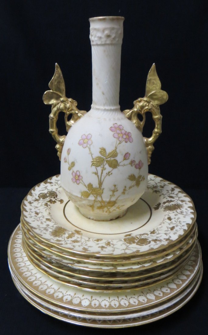 Collection of 10 pieces of high quality porcelains incl: Collection of 10 pieces of high quality porcelains including Teplitz 9" vase with chips to base and crack on dragon fly handle, 6 Mintons 9" service plates highly decorated in gold leaf - each with ol