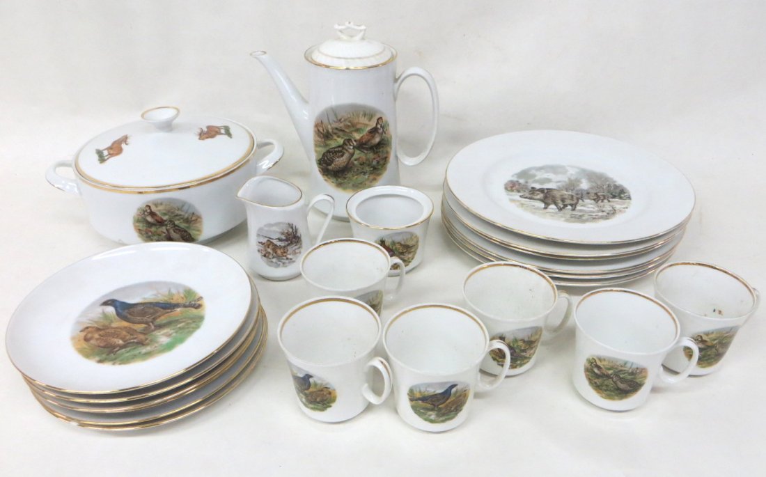 Set of Bavarian game china, each item decorated with an: Set of Bavarian game china, each item decorated with animals including wild boars, rabbits, game birds, etc. - 21 pieces (sugar bowl missing lid).