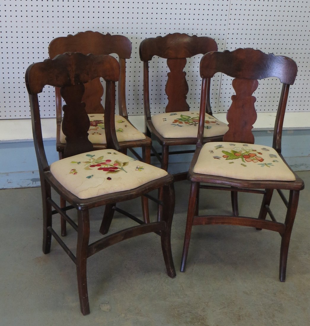 Set of 4 late Empire mahogany kitchen chairs with needl: Set of 4 late Empire mahogany kitchen chairs with needlepoint seats decorated with fruit on trees/bushes and butterflies - seats need cleaning. Provenance: From a large Beekman NY estate, name withhel