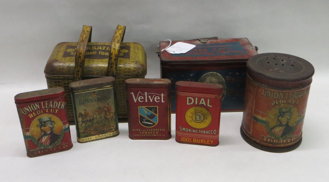 Lot of seven Tobacco advertising tins including Union L: Lot of seven Tobacco advertising tins including Union Leader redi-cut cylinder 5 1/2" high (note holes punched in lid), George Washington & Sensation handled tins, also Dial, Velvet Dunnsboro & Union 