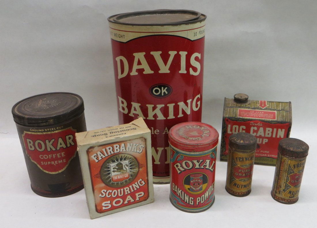 Lot of six advertising tins including Log Cabin Syrup, : Lot of six advertising tins including Log Cabin Syrup, Bokar Coffee, two French's Nutmeg containers together with a Fairbanks soap box all in fair to good condition.