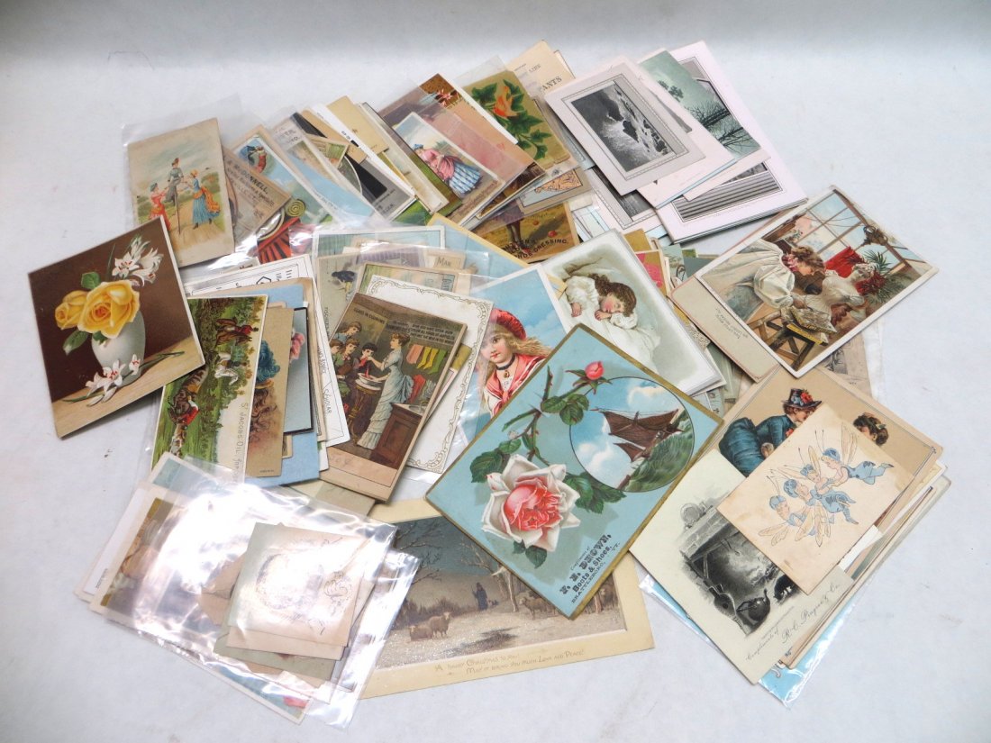 Large lot of Trade cards including J & P Coats, Nationa: Large lot of Trade cards including J & P Coats, National Cash Register, Arbuckles' Ariosa Coffee with a woman riding a big wheel bicycle, Weaver Organ, Red Star Cough Cure etc… condition good to ver