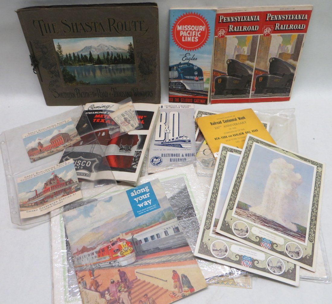 Lot of 40+ Vintage Railroad ephemera including Timetabl: Lot of 40+ Vintage Railroad ephemera including Timetables, Menus, Ticket stubs, RR Bond Coupons, includes a complete "The Shasta Route along the Southern Pacific" Scenic Guide Book