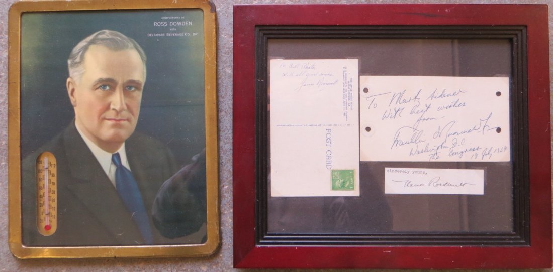 Roosevelt framed autographs including clipped signature: Roosevelt framed autographs including clipped signature of Eleanor Roosevelt, James Roosevelt signature on a postcard, a note card signed Franklin Roosevelt Jr. Together with a advertising print of FD