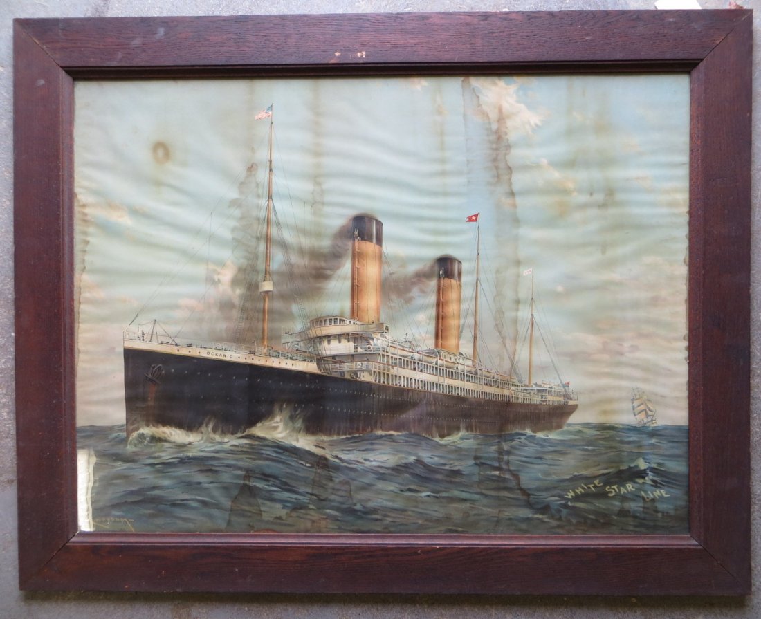 Large folio chromolithograph of White Star Line's "Ocea: Large folio chromolithograph of White Star Line's "Oceanic" steam ship, in original oak frame, circa 1900. Extensive staining. 29" x 39"