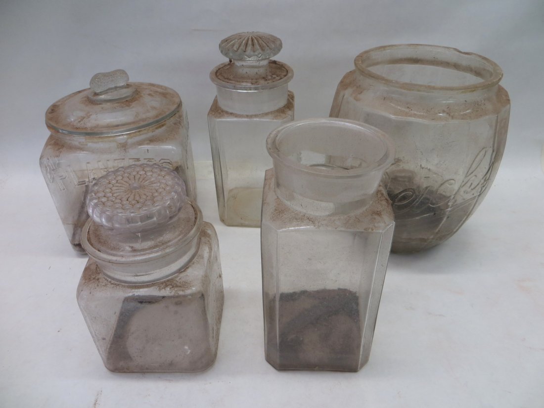Five country store jars including Planter's Peanut Jar,: Five country store jars including Planter's Peanut Jar, candy jars, etc. Dirty, as found in basement. Provenance: From the Faulkner estate, New Kingston, NY