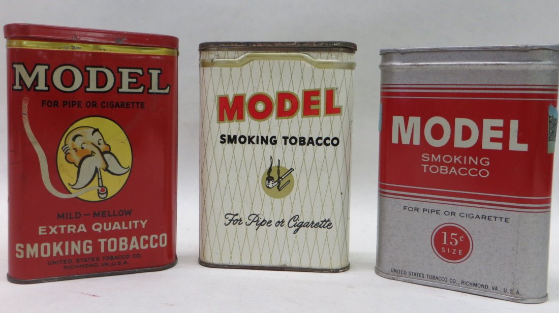 Three Model Smoking Tobacco pocket tins including one w: Three Model Smoking Tobacco pocket tins including one with white background, one with gray background and one with red background - all 4.25"H. Provenance: From the Faulkner estate, New Kingston, NY.