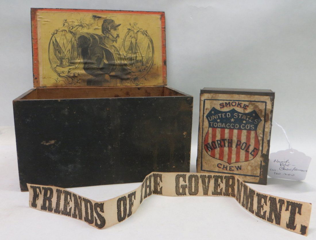 Wooden tobacco or cigar box with interior paper lithogr: Wooden tobacco or cigar box with interior paper lithograph of Civil War soldier - 8"L x 4.5"H together with a tobacco tin with paper lithograph cover "North Pole - United States Tobacco Cos" - 4.5"L x