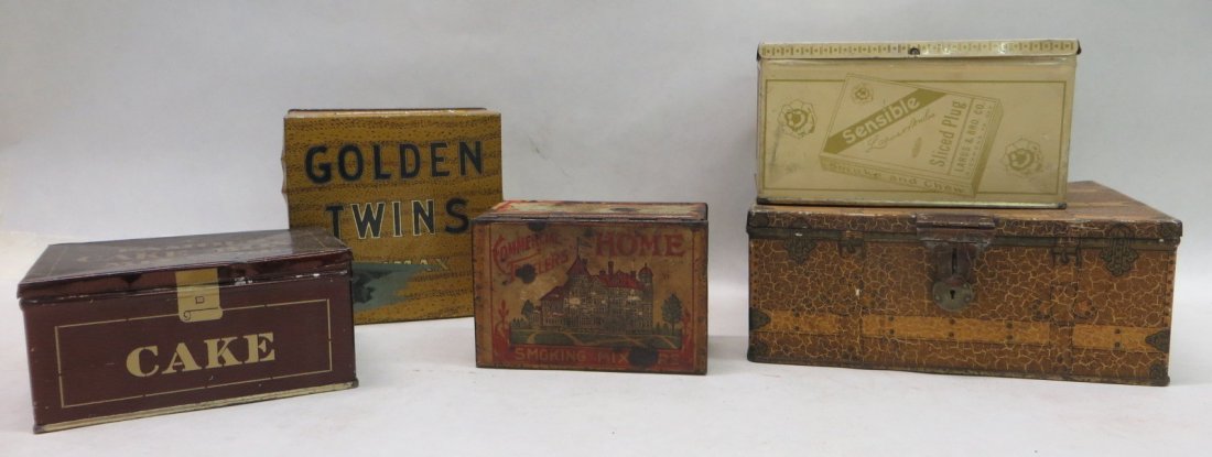 Five various tobacco lithographed tin boxes including S: Five various tobacco lithographed tin boxes including Sensible, Golden Twins, Famous Cake Box Mixture, Home and Cuban Daisy. 4"L to 6.75"L. Provenance: From the Faulkner estate, New Kingston, NY.