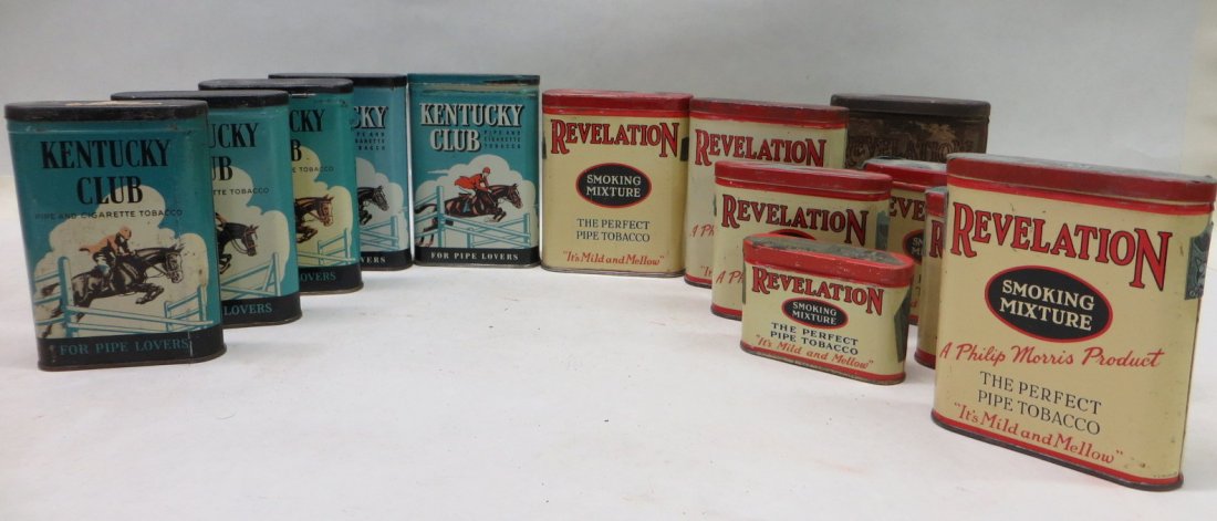 Thirteen tobacco tins including 5 Kentucky Club pocket : Thirteen tobacco tins including 5 Kentucky Club pocket tins - 4.5"H, 4 Revelation - 4"H, 3 Revelation - 3"H, 1 sample Revelation - 2.25"H x 3"L. Provenance: From the Faulkner estate, New Kingston, NY.