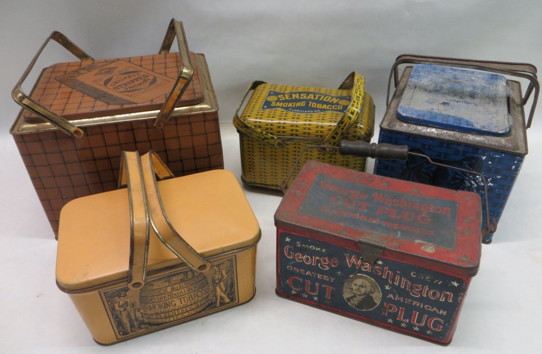 Five tin tobacco lunch boxes including George Washingto: Five tin tobacco lunch boxes including George Washington Cut Plug, Sensation Smoking Tobacco, Lorillard's Stripped Smoking, L. Warnick Brown & Co. Smoking Tobacco, and Tiger (blue basket weave - worn)