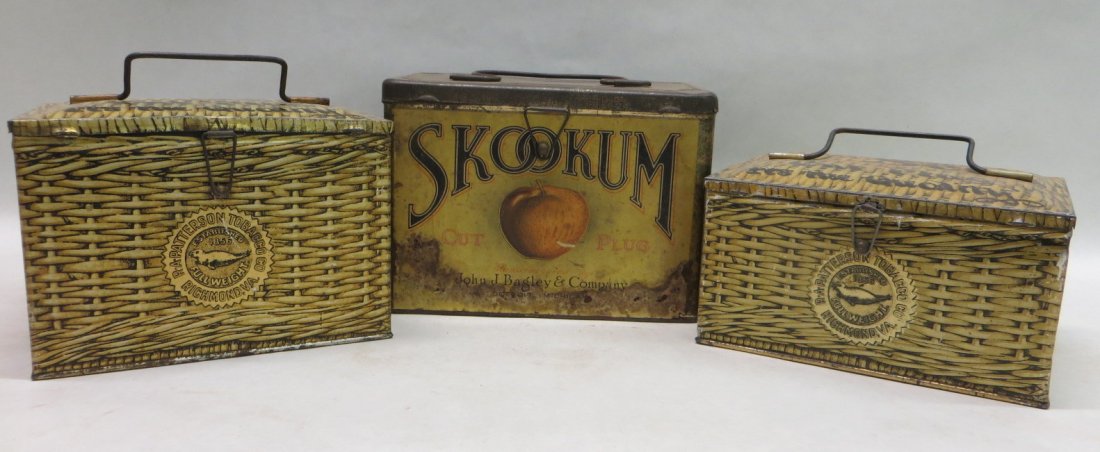 Three tin tobacco lunch boxes including 2 Patterson's S: Three tin tobacco lunch boxes including 2 Patterson's Seal and Bagley's Skookum. Provenance: From the Faulkner estate, New Kingston, NY.