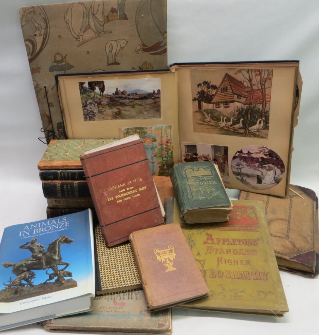 Large lot of miscellaneous books, scrap book, 2 kid's a: Large lot of miscellaneous books, scrap book, 2 kid's almanacs, etc.