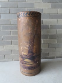 A painted stoneware umbrella stand decorated with sailing vessels - small chip on edge of base, some