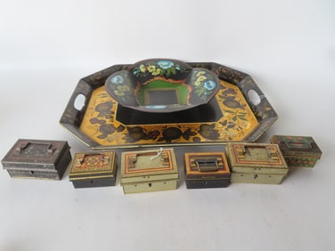 Grouping of 8 pieces of toleware including: 6 small toleware lock boxes ( 2 are banks), all in