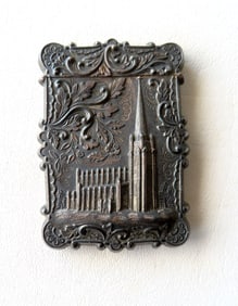 An American coin silver card case depicting the NY City Trinity Cathedral on one side and
