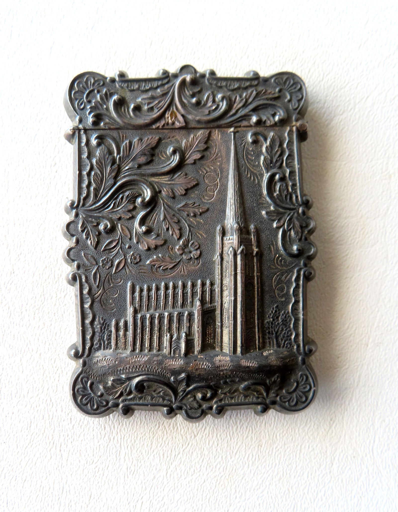 An American coin silver card case depicting the NY City Trinity Cathedral on one side and (1 of 5)