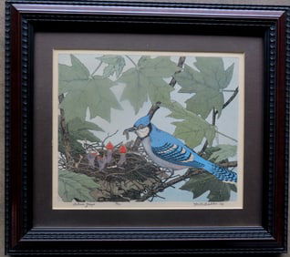 Maurice R. Bebb (American 1891-1986). A limited edition aquatint etching of a "Blue Jay" feeding her