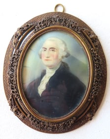 A miniature W/C portrait of George Washington in a fancy French style bronze frame, 19th century.