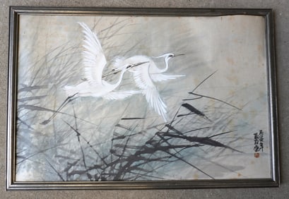 A very fine oriental W/C of 2 flying cranes - oriental signature on far right corner, probably mid