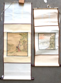 Two W/C Oriental scrolls, early to mid 20th century, silk on paper, both in very good condition. The