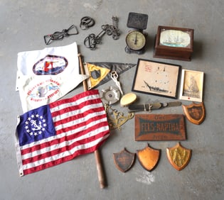 Grouping of miscellaneous nautical collectibles including: Small ship banners, 4 shield shaped wall