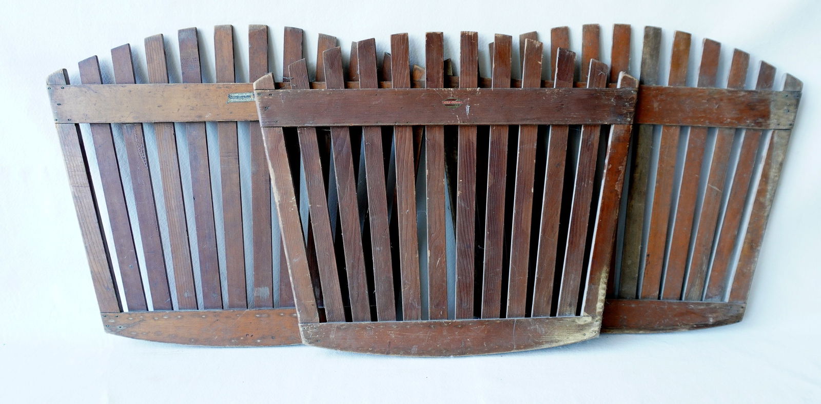 Three signed "Old Town Canoe" fan shaped slat-back seat rests with original paper labels and (1 of 5)