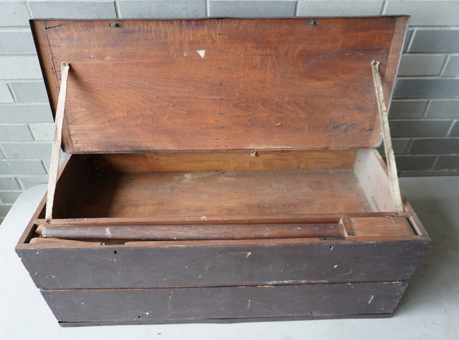 A primitive military folding field desk, probably Civil War era, in original grungy brown-reddish (1 of 16)
