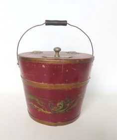 A country staved bucket with hinged lid and 2 tin straps, circa late 19th  century - the bucket with
