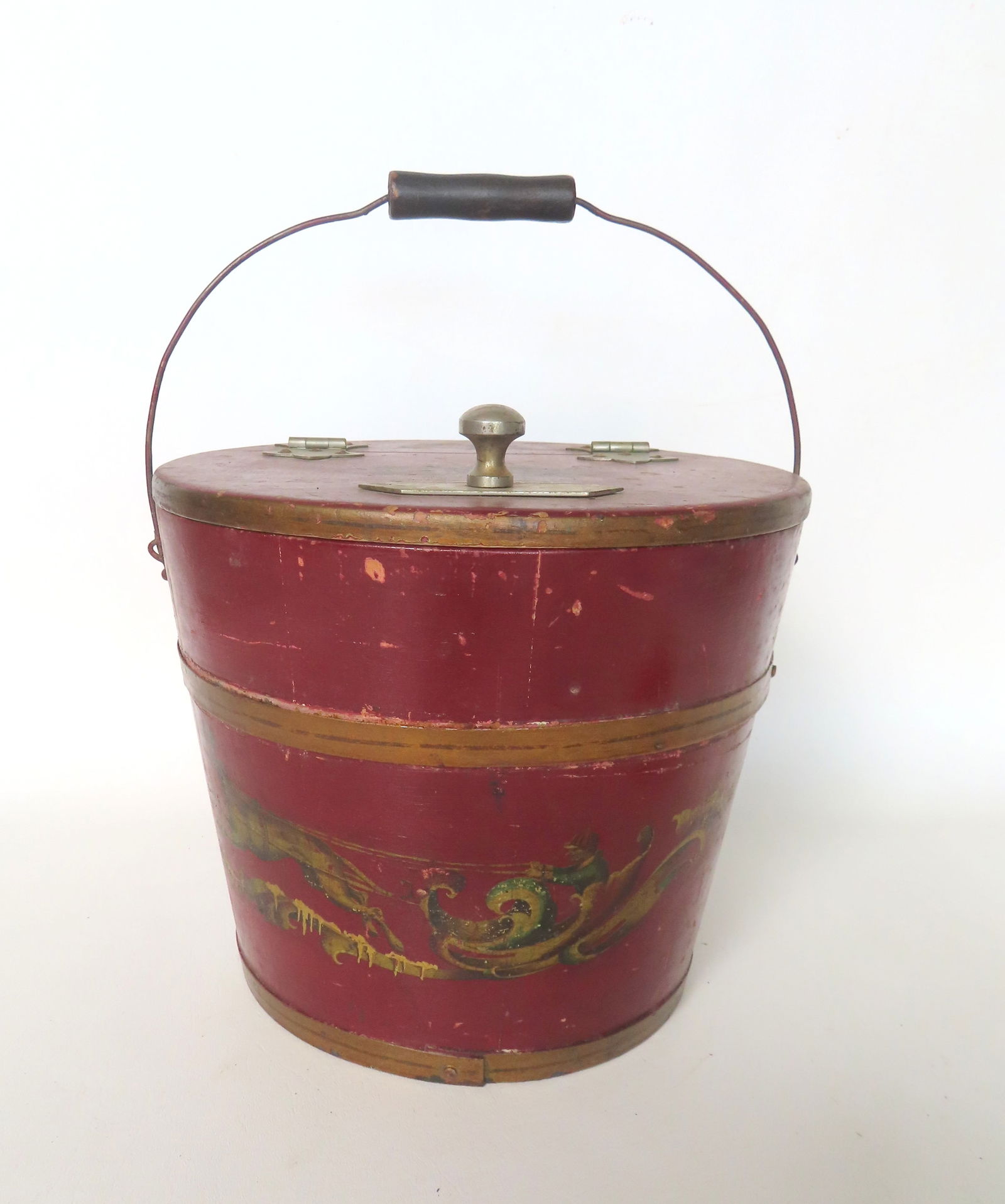 A country staved bucket with hinged lid and 2 tin straps, circa late 19th  century - the bucket with (1 of 8)
