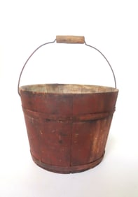 Shaker staved bucket in original red stain and metal straps, 19th century - measures 12 1/4"