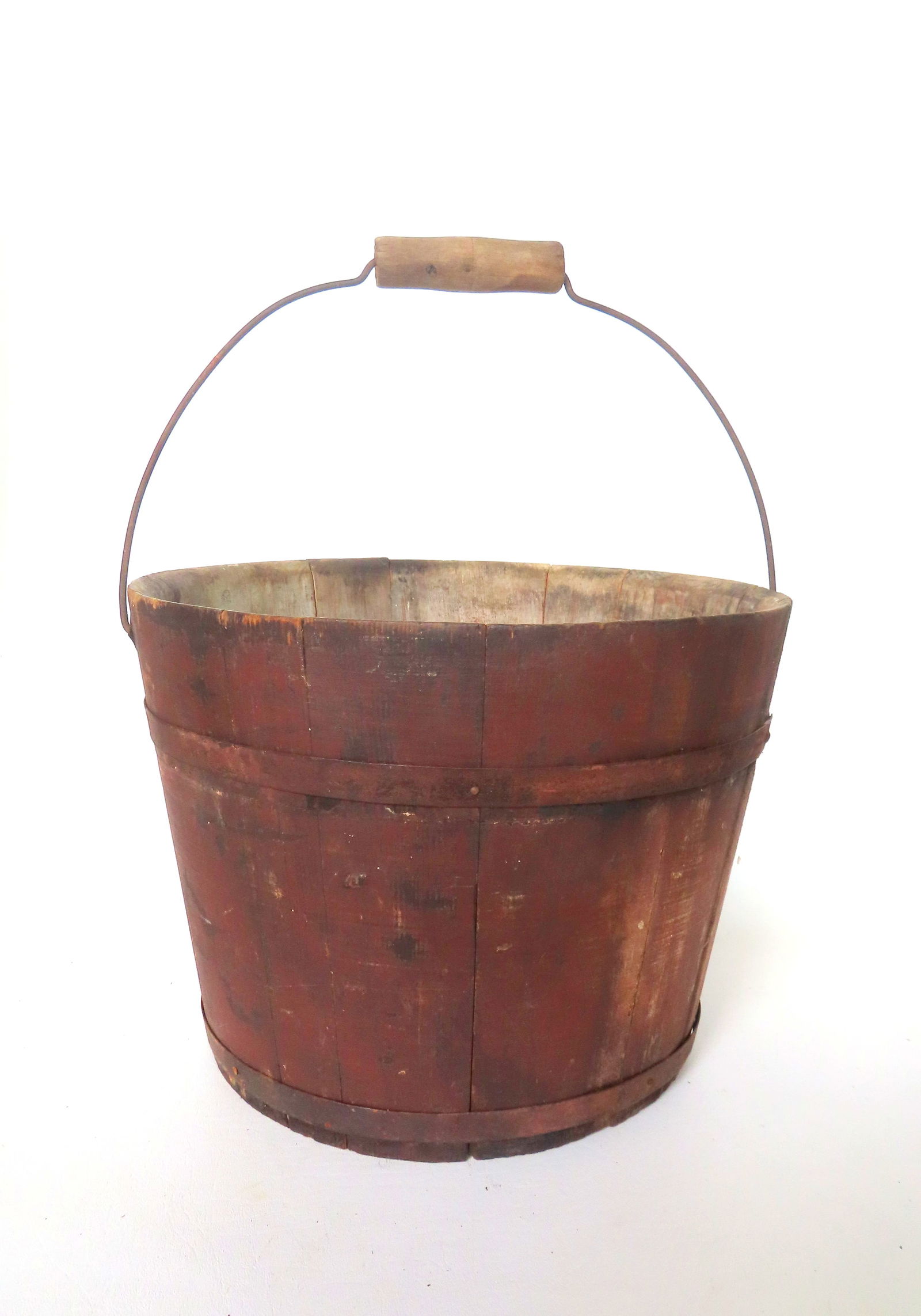 Shaker staved bucket in original red stain and metal straps, 19th century - measures 12 1/4" (1 of 7)