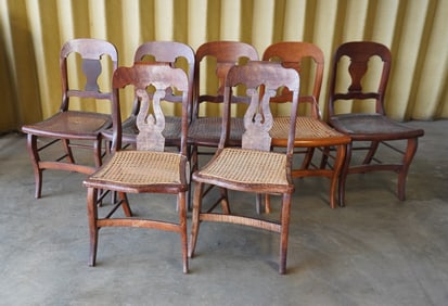 Grouping of 7 tiger maple and birdseye Sheraton country chairs, 5 matching signed S. Ely and 2 near