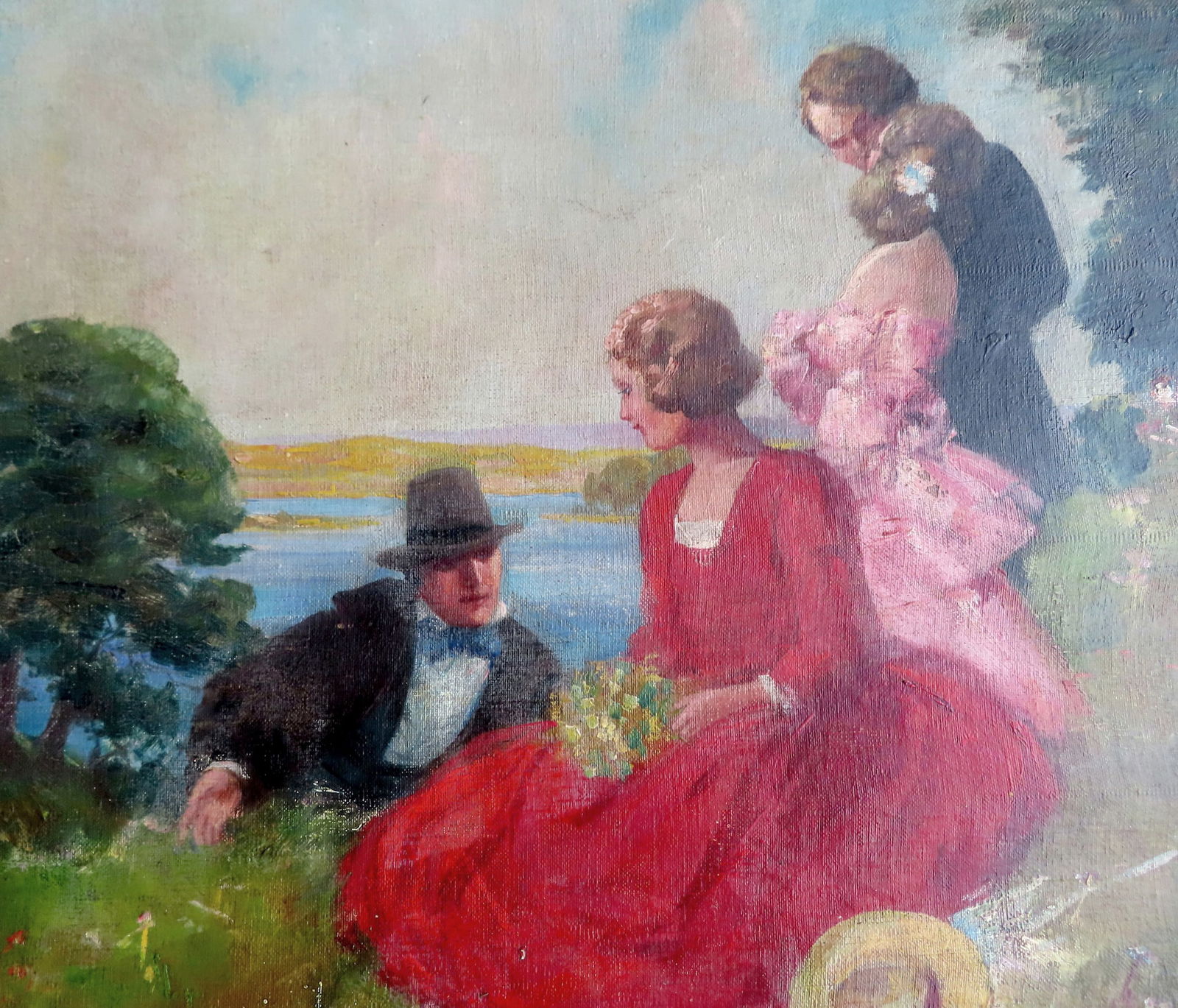 Oil on canvas board, Illustration art depicting 2 couples on hillside overlooking bay, probably (1 of 6)